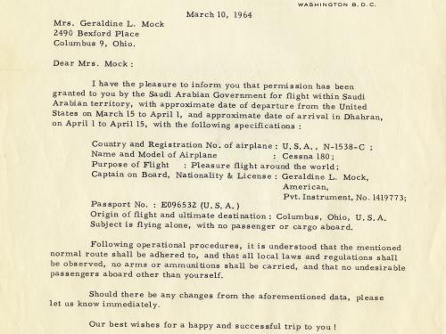 Jerrie Mock's Landing Permit (Saudi Arabia)