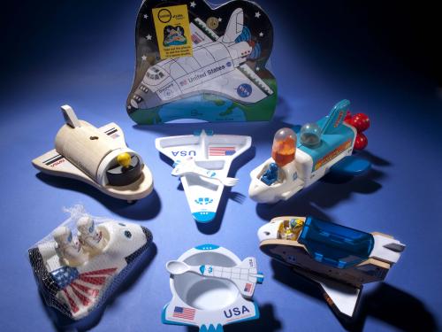 Seven various toys based on the Space Shuttle that are part of the Museum's collection.