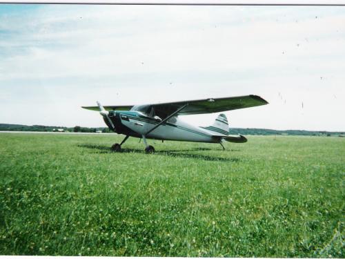 Side view of white and green monoplane with one engine.