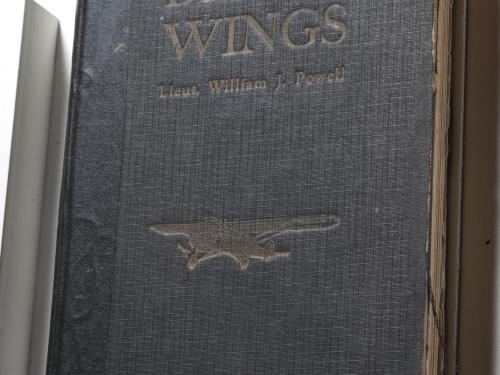 A black, leather-like book cover featuring a golden engraving of a monoplane as well as the title and author engraved in gold.