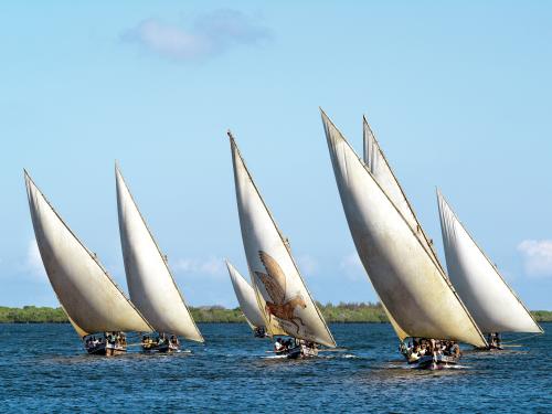 Several sailboats with a large, triangular-shaped sail are seen together on a body of water.