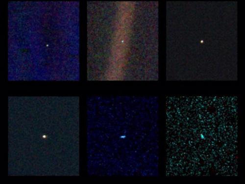 A set of six images of the whole solar system, featured as a pale blue dot in each photo.