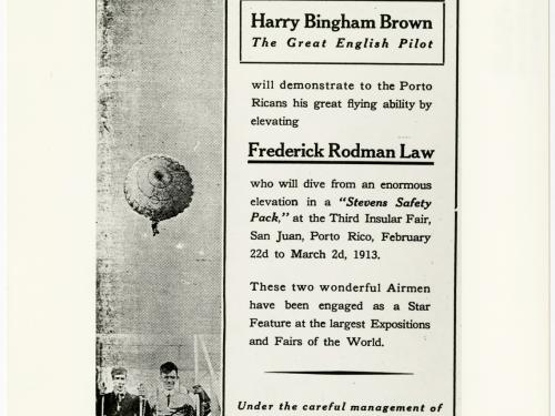 A black and white newspaper advertisement for a pilot demonstration featuring pilot Harry Bingham Brown and parachutist Frederick Rodman Law.