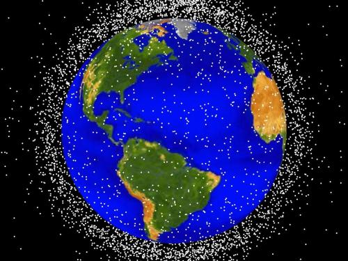 A view illuminating objects orbiting the Earth. Each white dot represents an object.