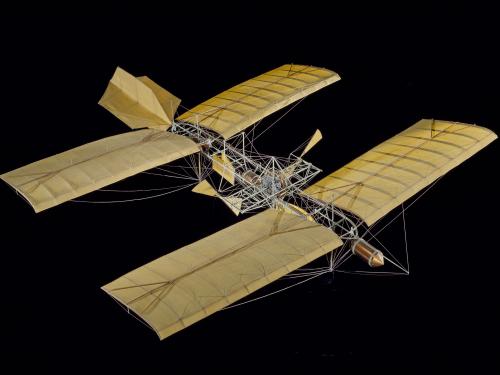 Quarter-scale model of the Langley Aerodrome, an experimental early aircraft, made from cloth, wood, metal, and thead