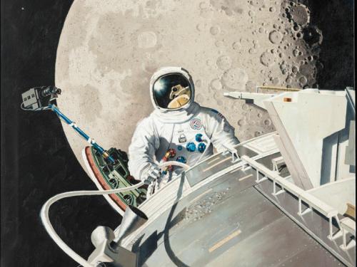 Acrylic painting of astronaut James Irwin performing the first deep space spacewalk near the Apollo command module. The moon can be seen behind Irwin.