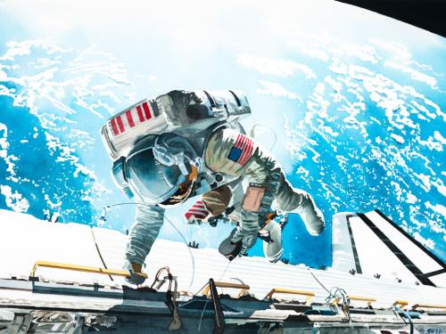 Watercolor painting of astronaut Dale Gardner performing a spacewalk outside the Space Shuttle Discovery. A large section of Earth provides a backdrop.