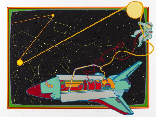 Artwork featuring an astronaut tethered from a red and light green spacesuit. The astronaut is linking stars to create constellations using string on the rocket.