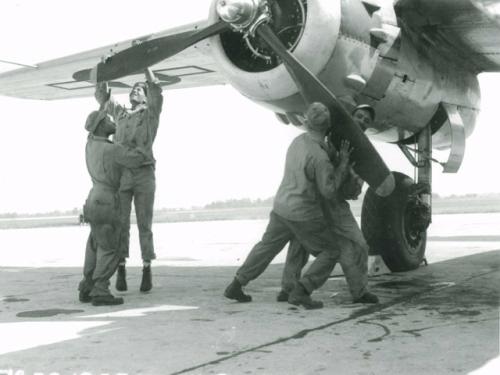 Technicians prepare B-25 