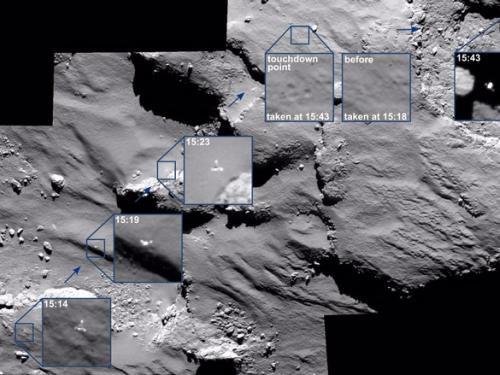 Different perspectives of a small spacecraft landing on a comet from the perspective of its mother spacecraft. The comet has a gray, rocky appearance.