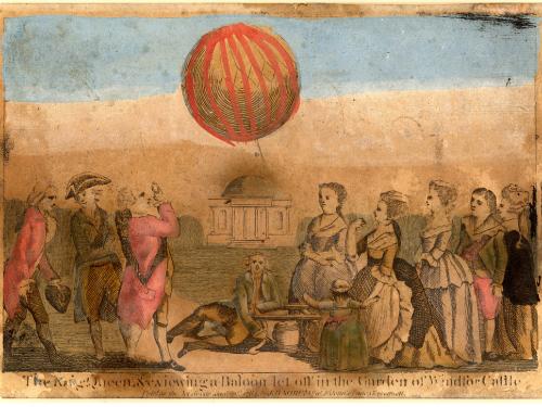 An art print of people, including the King and Queen of England, observing a balloon lifting off at a castle.