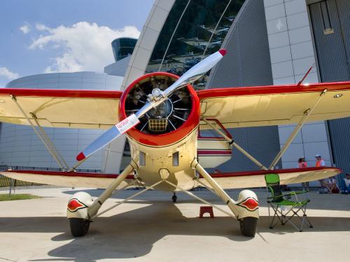 Frontal view of WACO AGC-8, a biplane with one two-blade propellor.