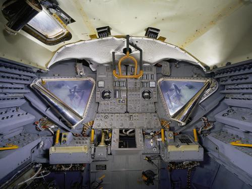 Interior view of Lunar Module 2 on display in Exploring the Moon