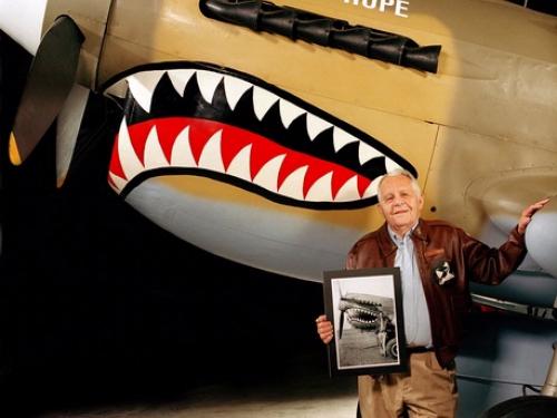 Donald Lopez with Curtiss P-40 at the Udvar-Hazy Center