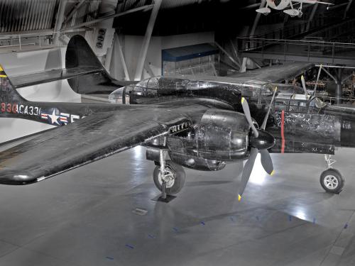 Northrop P-61C Black Widow aircraft in a museum setting and photographed from the side