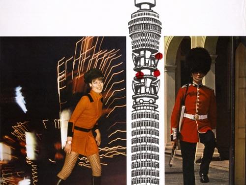 A poster promoting the Jet BOAC airline and flights to Britain, with an image of a King's guard on the right of a person dressed in orange