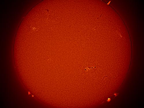 Disc view of the sun, with multiple prominences of plasma floating away from the Sun as well as sunspot clusters.