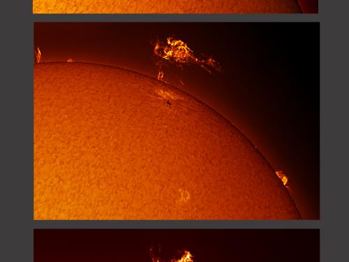 A set of three photos of the Sun with an emphasis on a prominence of plasma floating away from the core section of gases.