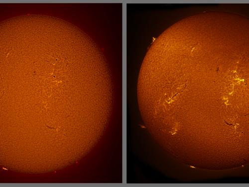 A comparison of images of the sun using different telescopes. The left image shows better examples of prominences, or plasma rising from the Sun's core gases, whereas the right image better highlights filaments of steam rising from the core gases and bright plages on the Sun.