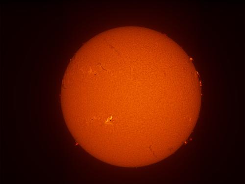 Disk view of the Sun's surface featuring a solar flare on the lower left section of disc as well as filaments and prominences throughout the disc.