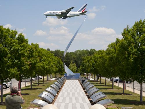 Airbus 380 Passes Udvar-Hazy Center Tower on Approach