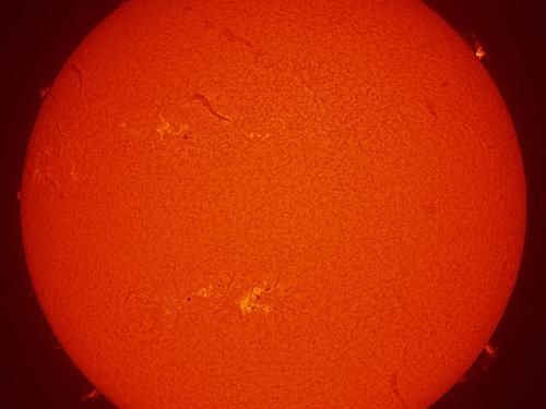 Disk view of the Sun's surface with multiple prominences and filaments as well as a solar flare in the bottom left quadrant.