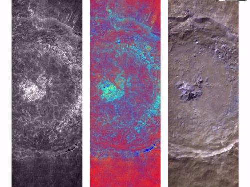 Three different perspectives of a large crater on the Moon using different camera filters on a spacecraft.