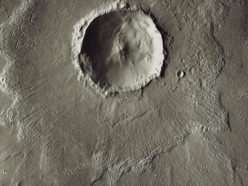 Satellite view of a 20 kilometer-wide crater on the surface of Mars.