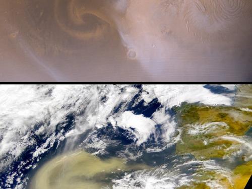 A picture of a dust stom on Mars is placed above a satellite picture of a dust storm on Earth.