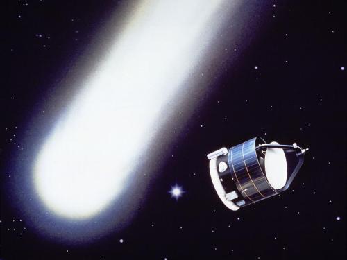 An artist's depiction of a cylindrical prism-shaped space probe passing Halley's Comet in space.