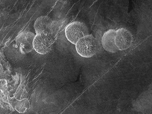 A radar view of Lava Domes, which look like circular hills, on the surface of Venus.