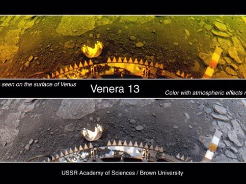 A set of two images of the surface of Venus. The top image shows how natural light would look like on Venus whereas the second image is filtered to look like direct sunlight on Earth.