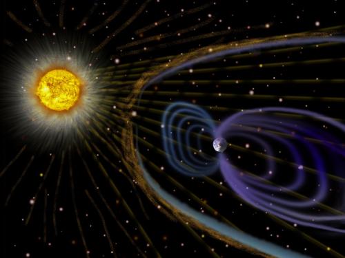 An illustration of the Sun and visible open circles and ovals simulating the magnetic shield of Earth.