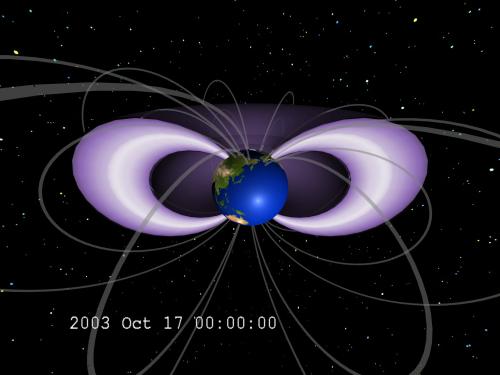 A visualization of two radiation belts surrounding Earth. The two belts are in purple and white.