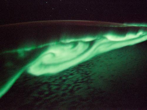 A view of the Aurora Australis, a phenomenon known as "southern lights", from the Space Shuttle Discovery.