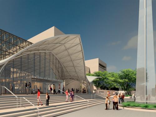 Artist rendering of the new entrance of the downtown, Washington, D.C., building with a large covering visible.