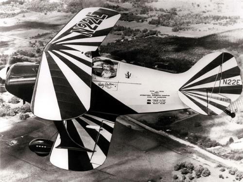 A black and white photograph of a plane with striped wings.