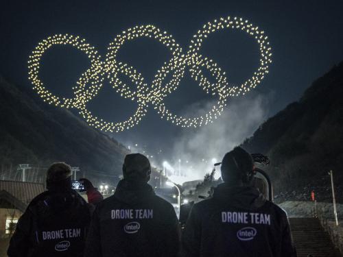 The Olympic rings, formed by 1,218 drones in the sky, as part of the opening ceremonies for the 2018 Winter Olympics.
