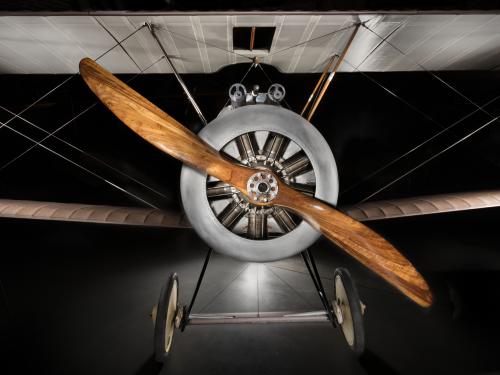 Frontal view of wooden, single-blade propeller on Sopwith F.1 Camel aircraft