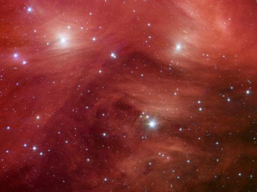 A star cluster also known as the "Seven Sisters" shine through what would appear to be a layer of cotton candy if it wasn't in space. Actually, clouds of dust sweep around the stars, swaddling them in a cushiony veil. 