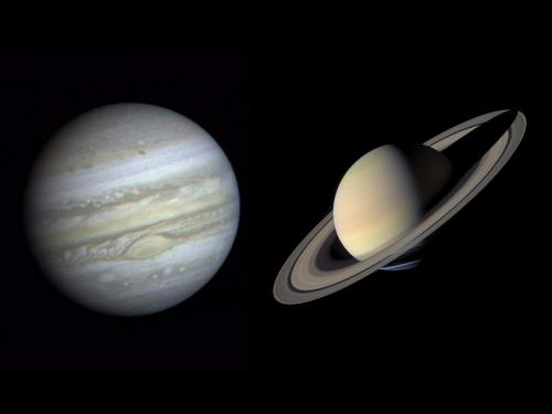 Edited image of Jupiter and Saturn side by side