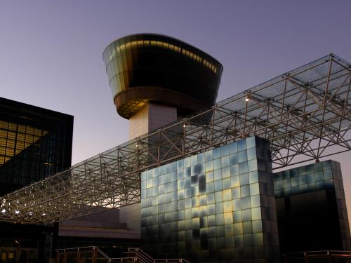 View of the Steven F. Udvar-Hazy Center tower at sunset
