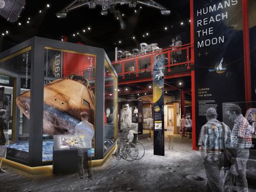 A rendering of an exhibition about how humans made it to the Moon.