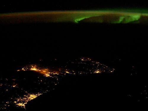 A photo of an aurora over Scotland taken by NASA astronaut Randy Bresnik aboard the International Space Station.