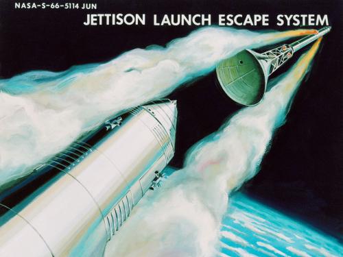 Colorful depiction of Apollo Launch Escape with Earth in background. 