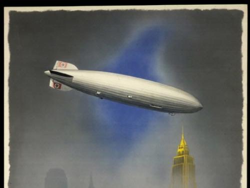 Poster depicting the Hindenburg approaching the Empire State Building and New York skyline in the fog.