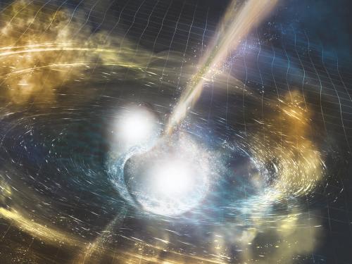 An artist’s illustration of two merging neutron stars.