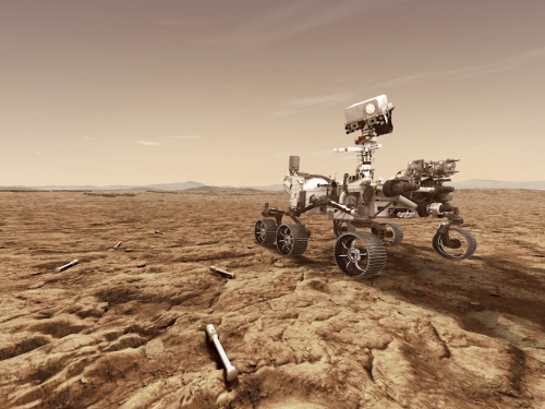 rendering of Mars 2020 rover on surface of Mars