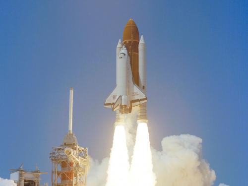The Space Shuttle Challenger’s taking off from the lanuch pad for its first launch, 1983.