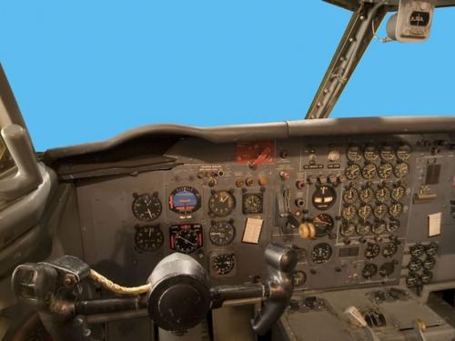Panoramic photograph of Boeing 367-80 Jet Transport cockpit from pilot's seat
